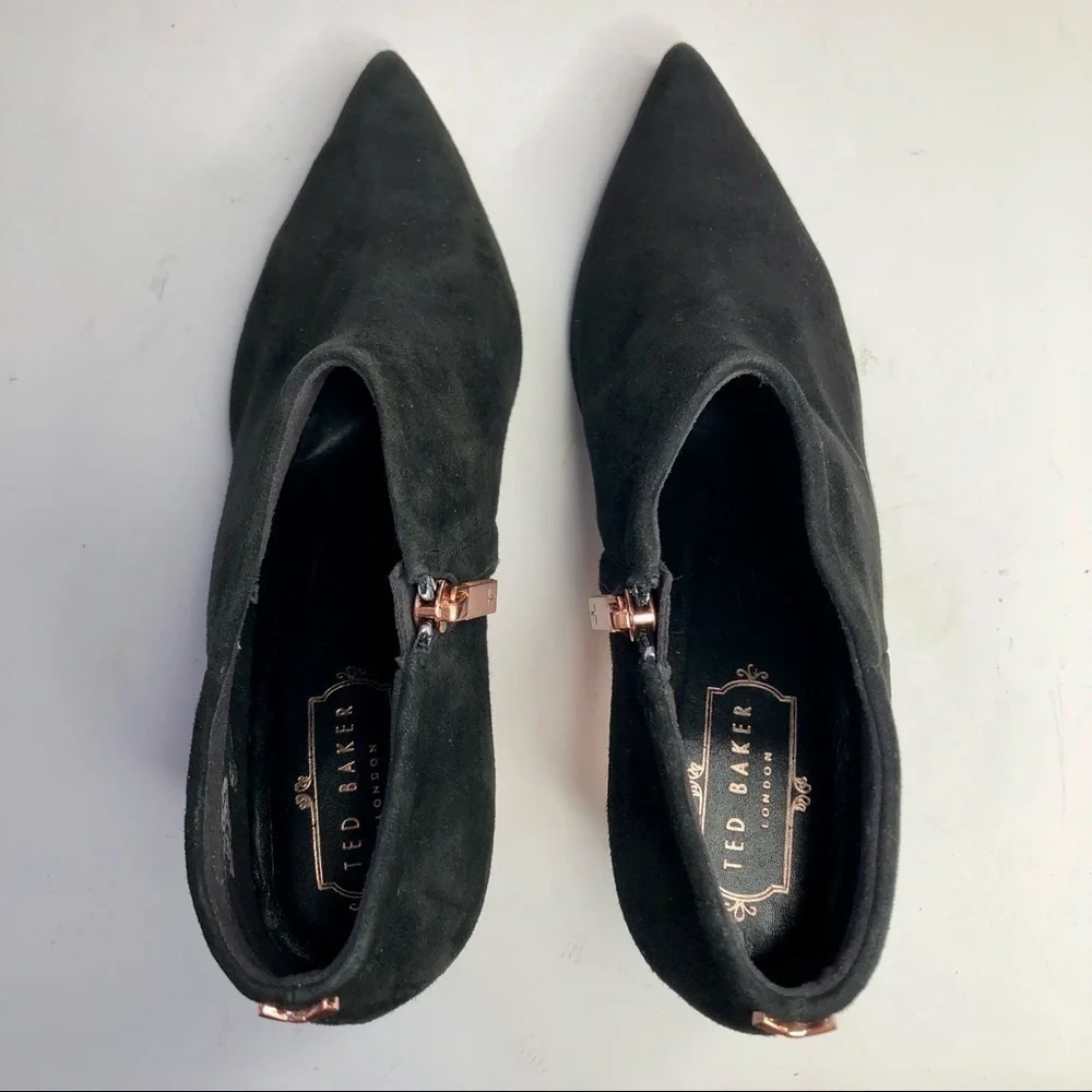 Ted Baker Leiyla black suede ankle booties pointy toe copper rose gold hardware